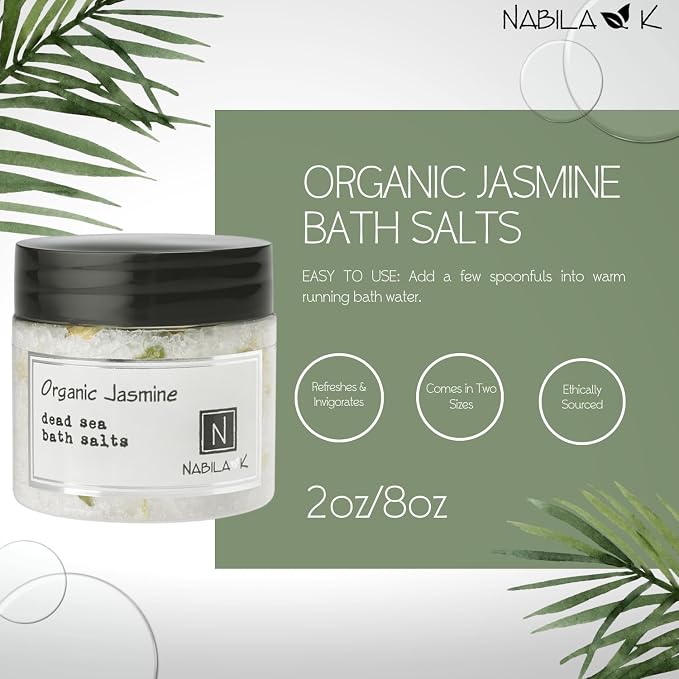 Organic Jasmine Bath Salts for Women & Men - Dead Sea Salt & Epsom Salt Soak and Scrub - Organic Jasmine Buds & Sambac Extract, Cruelty-Free, Sulfate-Free | Travel Size, 2 oz | Nabila K