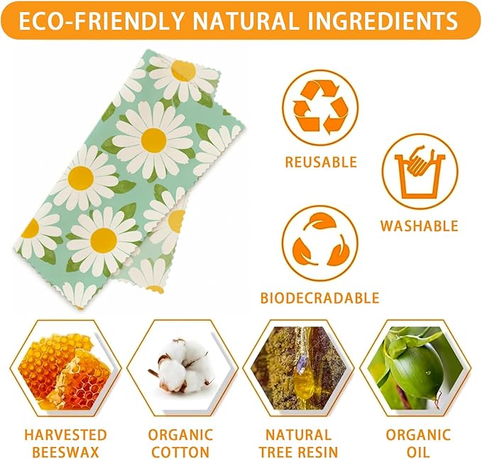 Reusable Beeswax Wraps, 9 Pack Eco-Friendly Food Storage, Organic, Sustainable, Zero Waste, Plastic-Free, Sandwich, Bread, Bowl Cover, 1XL, 3M, 5S, Blue Green Yellow Daisy Pattern