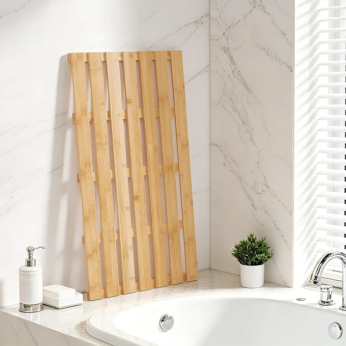 Bamboo Bath Mat, Non-Slip Waterproof Shower Mat with Rubber Feet Luxury Spa-Grade Wooden Floor Mat for Bathroom, Bathtub, Sauna, Indoor & Outdoor Use