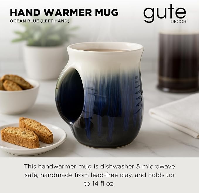 Hand Warmer Mug, Ceramic and Hand Painted - Contoured Pocket will Hold Warmth From The Heat Of Your Drink To Keep Your Fingers Warm, Comfy Handwarmer Gift, Winter Stocking Stuffer Gifts - Left Handed