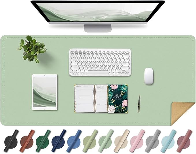 Non Slip Desk Mat, 31.5" x 15.7" PU Leather Desk Pad, Cork Desk Mat for Desktop, Desk Pad for Keyboard and Mouse, Ideal for Office and Home, Light Green
