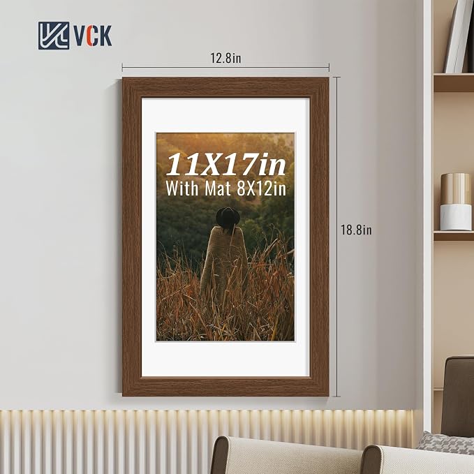 VCK 11x17 Picture Frames Brown 3 Pack, Wide Border Wood, Tempered Glass, Display 8x12 Photo with Mat or 11 x 17 without, for Home, Office, Gallery, Woodgrain Series, Wall Hanging