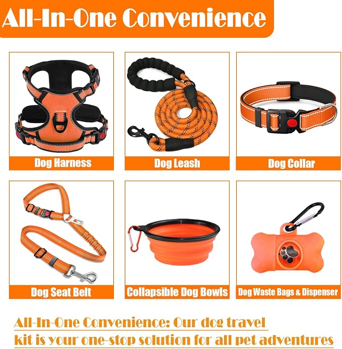 LOBEVE No Pull Dog Harness, Collar & Leash Set | Includes Dog Seat Belt, Collapsible Bowls & Poop Bag Dispenser. Ideal for Training, Walking, Hiking. Fits Small to Large Dogs(Orange-XL)