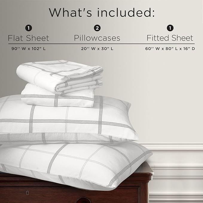 Briarwood Home® Printed Flannel Sheet Set, 100% Natural Cotton, Soft, Warm & Deep Pocket, Advanced Nano-Tech Making it Resistance to Pilling; Brushed 6 Times for Softness (Classic Plaid, Queen)