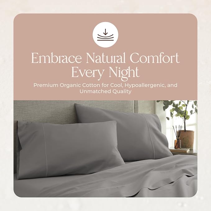 Organic Full Fitted Sheet Only Deep Pocket - 100% Organic Cotton Sheets with Breathable 300 Thread Count Sateen Weave GOTS & Fairtrade Certified - Soft Fitted Bed Sheets Only (Stone, Full)