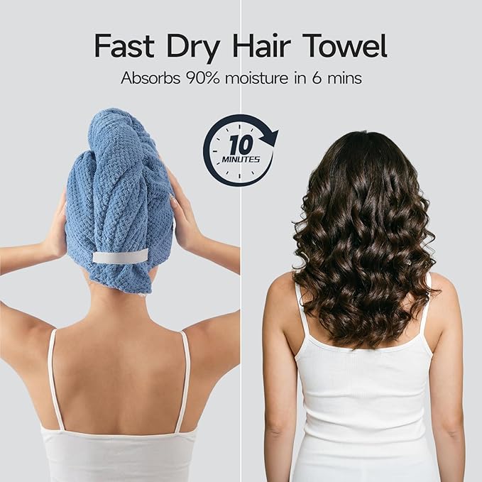 REDKISS Microfiber Hair Towel Wrap for Women, Double Sided Hair Towels with Elastic Strap, Super Absorbent Quick Dry Hair Drying Towel for Long, Thick, Curly Hair, Anti-Frizz Turban (Blue & Gray)