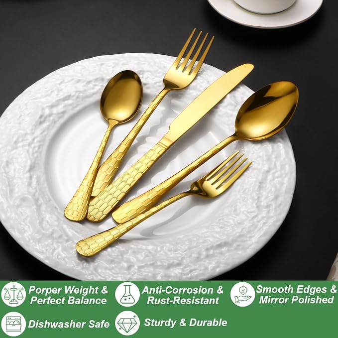 20 Pcs Gold Silverware Set for 4, Food Grade Stainless Steel Flatware Set, Eating Utensils Sets Include Fork/Knife/Spoon, Reusable Cutlery Set for Home Kitchen, Dishwasher Safe, Round Hammered