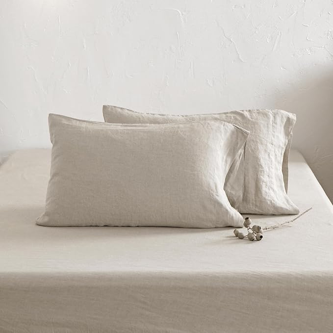 ATLINIA 100% Pure Flax Linen Bedding Set - Stone Washed French Linen Fabric Deep Pocket Fitted Sheet Farmhouse Flat Sheet 2 Pillowcases (Natural, Full)