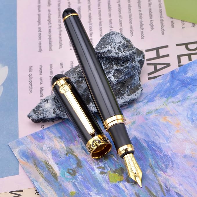 Lanxivi Duke D2 Fountain Pen Black Gold Trim Fine Nib with Additional Fude Nib (Bent Nib) and Converter Calligraphy Art Pen Set