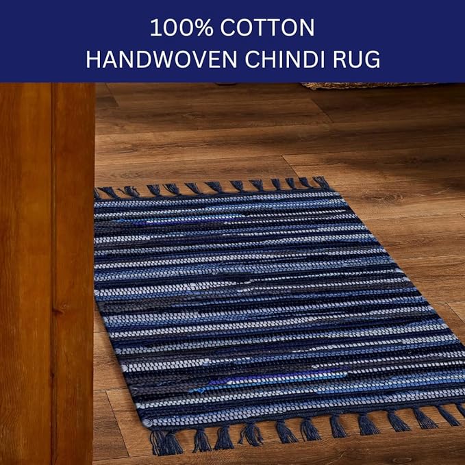 Cotton Chindi Rug - Boho Rustic Area Accent Throw Rug - Area Floor Carpet for Bedroom Living Room Kitchen Dorm Entryway Hallway - 20x32 inch Hand Woven Reversible Area Rug Blue Multi