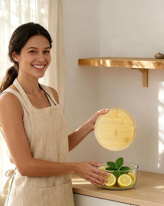 Replacement Wooden Lids for Pyrex, Anchor Hocking Glass Containers, 7201-PC*2, Bamboo Lids for Pyrex 4Cup Glass Bowls, Bowl Covers with Leakproof Silicone Gasket 2 Pack