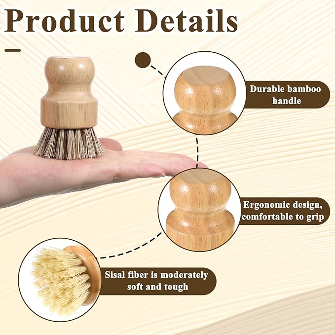 7 Pcs Bamboo Scrub Brushes Set, Kitchen Dishwashing Scrubber with Natural Sisal/Palm Bristles, Round Mini Dish Brush with Ceramic Holder, for Kitchen Sink Pans Pots Vegetables Cleaning