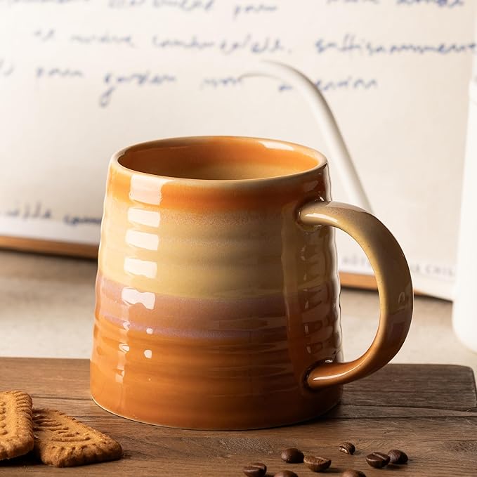 15.5 Oz Large Reactive Glaze Ceramic Mug, Heavy Weighted Stoneware Coffee Cup, Wide Base, Thick Wall Big Tea Cup with Custom Package Box, Microwave & Dishwasher Safe (Orange)