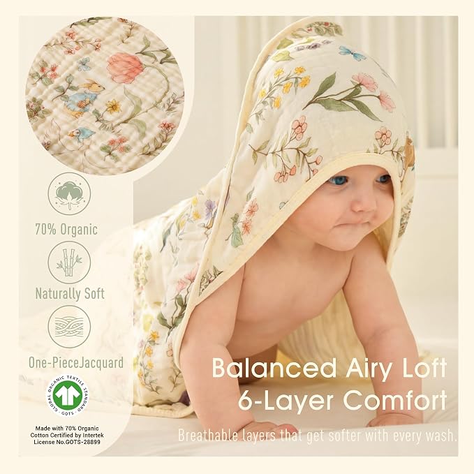 4-Piece Muslin Baby Towel Set - Made with Organic Cotton, (2) 6-Layer 32x32 Towels & (2) Washcloths, Bath, Beach & Pool Gift Set (Woodland Garden & Green)