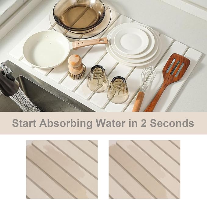 Dish Drying Mats, 24"×16" Fast Dry Stone Mat for Kitchen Counter / Sink, Eco-Friendly Super Absorbent Diatomaceous Earth Mats for Dishes Bottles Cups, Match any Countertop