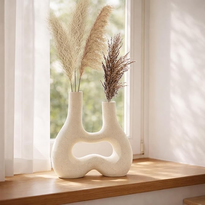 Modern Double Neck Hollow Vase, Minimalist Nordic Resin Sculpture for Home Decor, Boho Wabi-Sabi Vase for Living Room Bedroom Office Table Centerpiece (Ivory)