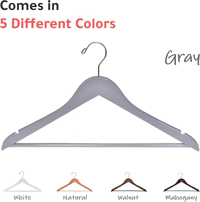 Quality Wooden Hangers - Slightly Curved Hanger Set of 10-Pack - Solid Wood Coat Hangers with Stylish Chrome Hooks - Heavy-Duty Clothes, Jacket, Shirt, Pants, Suit Hangers (Gray, 10)
