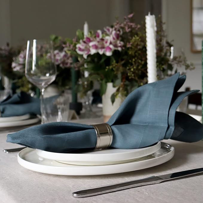 Huddleson Petrol Teal Green Linen Napkin 20x20 (Set of Four) Luxury Italian Linen Napkin Sewn in US