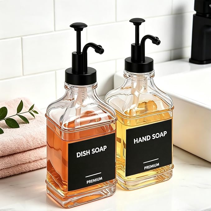 Dish Soap Dispenser for Kitchen, Hand Glass Soap Dispenser Set with Pump, Funnel for Bathroom, Shower, Laundry, Liquid, Lotion (Black 2 Pack 18 Oz Clear Bottles with 12 Stickers)