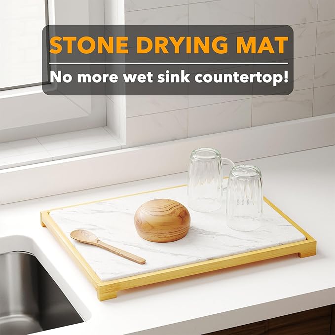 SpaceAid Bamboo Rack Dish Pad, Instant Dry Diatomaceous Earth Mat for Kitchen Counter, Stone Dish Fast Drying Mat Board (15.8 x 11.8 inch, White Marble)