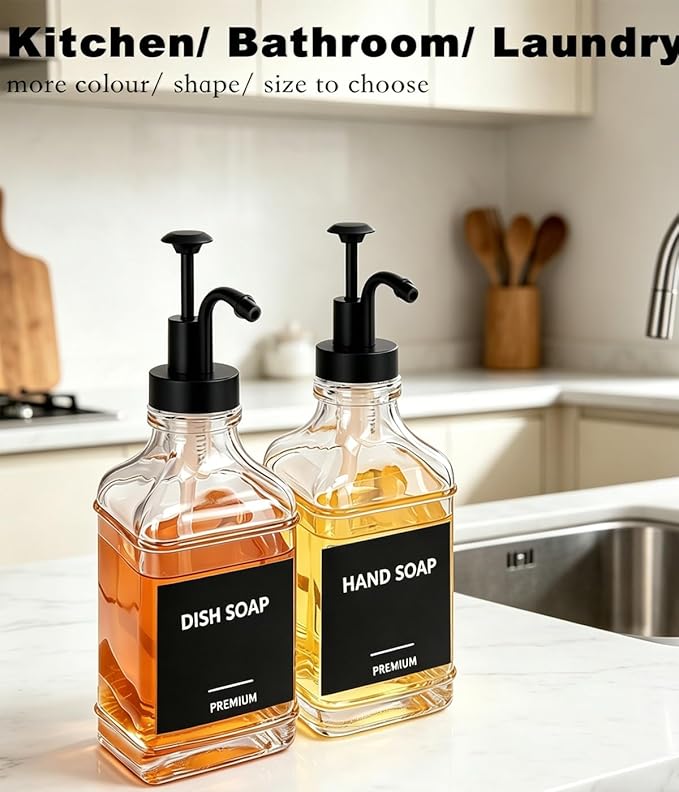 Dish Soap Dispenser for Kitchen, Hand Glass Soap Dispenser Set with Pump, Funnel for Bathroom, Shower, Laundry, Liquid, Lotion (Black 2 Pack 18 Oz Clear Bottles with 12 Stickers)