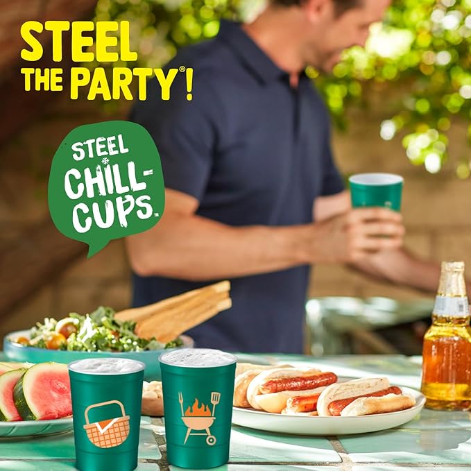 Steel Chill Cups 16 oz. Party Cup Summer BBQ Grill Picnic Design for Cold Drinks, Sturdy, Durable, Disposable, Recyclable, Made in USA, Green 12 Count