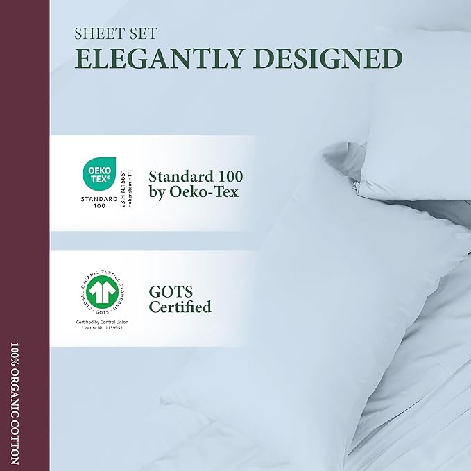 100% Organic Cotton Sheets California King Size - Organic Cotton Cal King Size Percale Weave Sheet Set (4 PC, Light Blue), Soft, Cooling & Crisp, 16" Deep Pocket Hotel Bedding Set