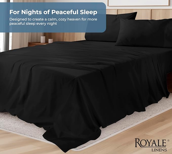 ROYALE LINENS 100% Organic Cotton Full Sheet Set - Percale Weave - 4 Pieces Set - 1 Flat, 1 Deep Pocket Fitted Sheet and 2 Pillowcases - Black Bed Sheets - Sábanas Full - Crisp Cool (Black)