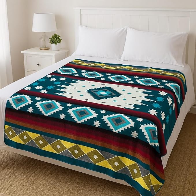 Alpaca Wool Blanket | Soft, Non-Itchy, Breathable & Hypoallergenic | Handmade in Ecuador (Green and Turquoise Diamond, King (100" x 83"))