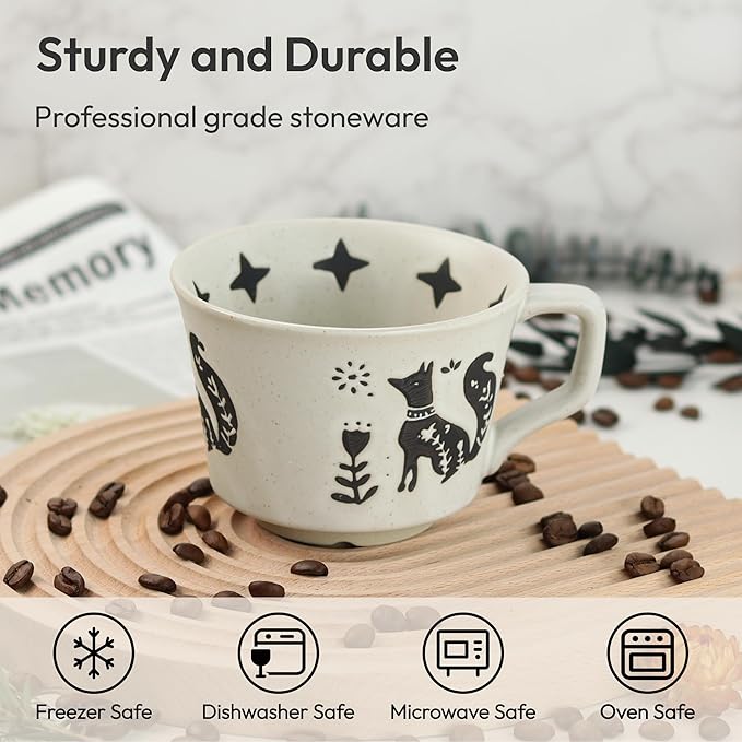 Ceramic Coffee Mug, 11 oz Small Novelty Unique Teacup with Handle, Stoneware Cup for Tea Mocha Latte Cappuccino (Set of 2, Fox and Bear)
