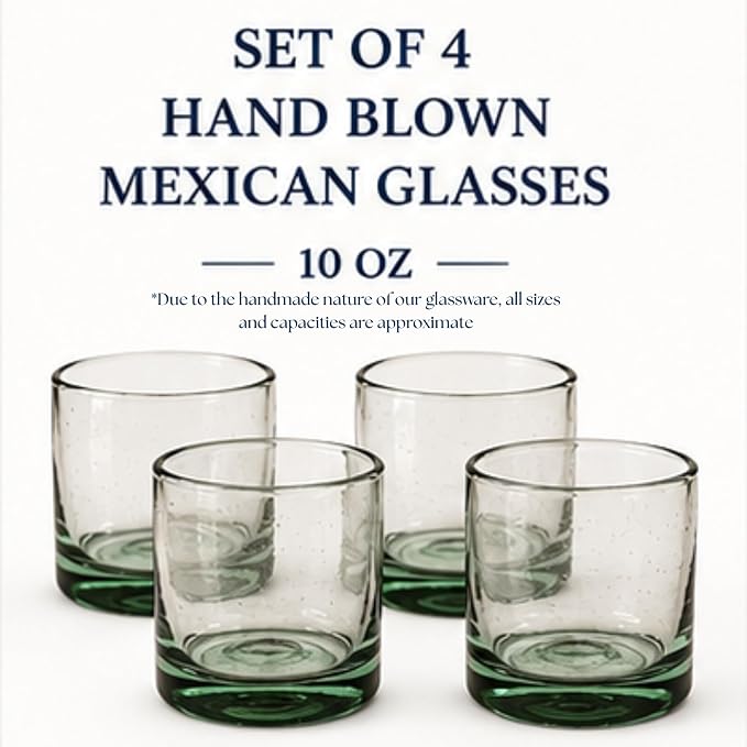 Aztecas Design Handblown Recycled Glass Drinking Glasses, Clear, Set of 4, Classic Style (10oz)