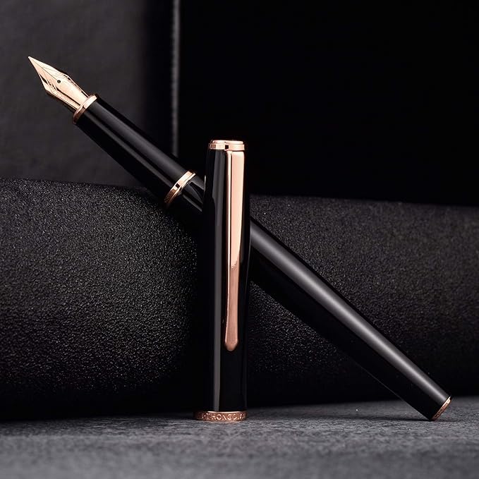 HongDian 920 Black Metal Fountain Pen, Rose Gold Plated Fine Nib Smooth Writing Pen, Classic Pen with Ink Converter