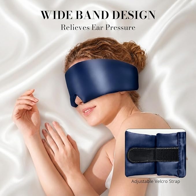 22 Momme Pure Mulberry Silk Sleep Mask, 3D Contoured Cup Eye Mask for Sleeping, Super Soft Breathable Blindfold with Adjustable Strap, Perfect Blocks Light for All Night Sleep, Blue