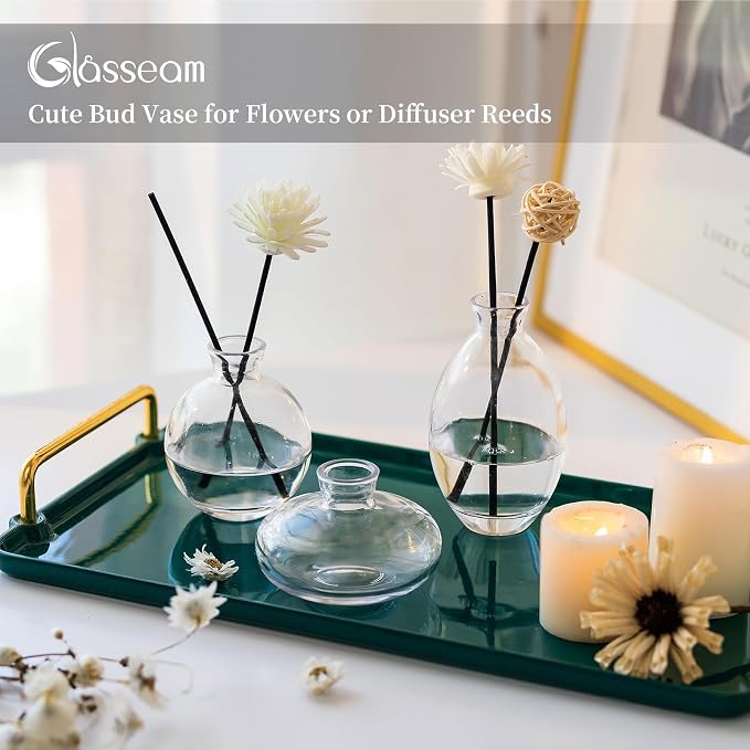 Glasseam Clear Glass Bud Vase, 3Pcs/Set Modern Decorative Small Mini Flowers Vases Short Minimalist Aesthetic Home Decor Vintage Cute Handmade Tiny Wedding Table Centerpieces for Single Flower Rose