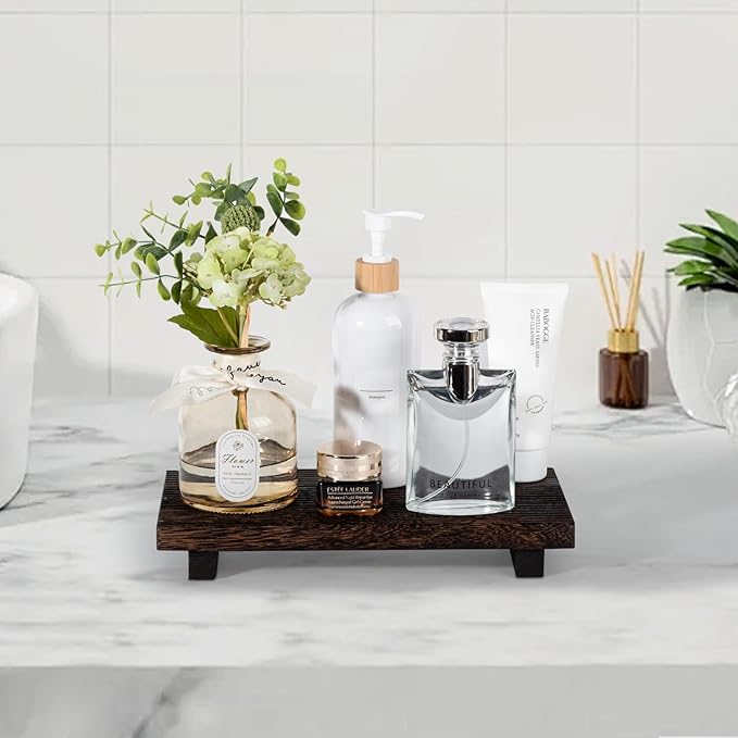 Bathroom Tray Farmhouse Decor Pedestal Stand Wood Riser Display Kitchen Accessories Soap Holder for Sink, Counter, Vanity, 11 * 5.5 Dark Brown