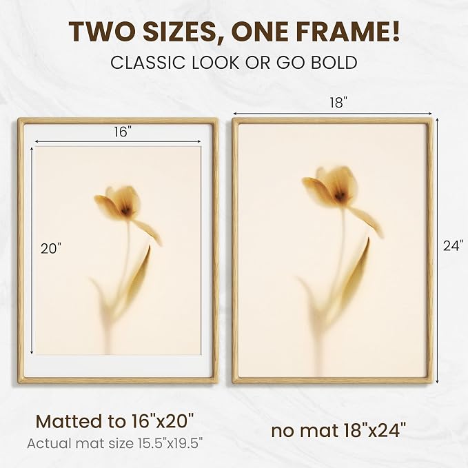 18x24 Picture Frame, USA-Sourced Oak Wood Frame 18x24, Large Poster Frame with High Tempered Glass, 18 x 24 Picture Frame Matted to 16x20 Photo for Art & Poster Display, 1 Pack