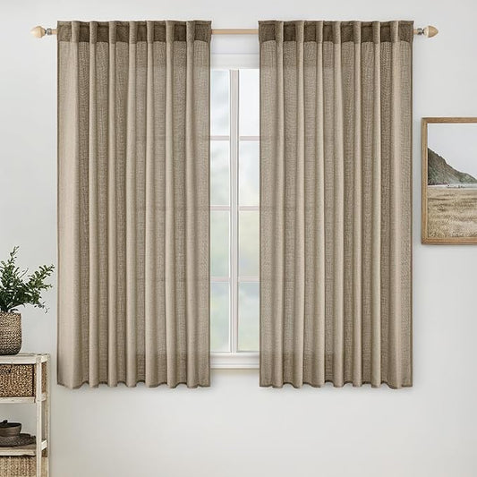 MIULEE Taupe Grey Linen Curtains 63 Inch Length 2 Panels for Bedroom Living Room, Soft Linen Textured Window Drapes Semi Sheer Light Filtering Back Tab Rod Pocket Farmhouse Modern Burlap Look Decor