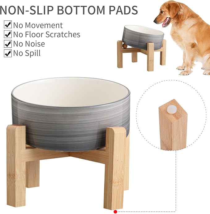 Elevated/Raised 15°Tilted Anti Slip Ceramic Dog Bowl for Medium & Large Breeds,Slanted Bulldog Big Face Pet Feeding Food Water Dish Stand for Dogs (7.6 Cups/60OZ) Grey White
