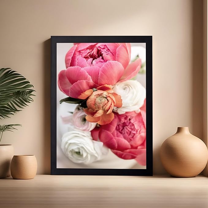 Monem Art Pink Peony Floral Macro Photography Print - Romantic Flower Art Poster - Wall Decor for Living Room, Bedroom or Office - 16x20 Black Framed Wall Art by Mareike Bohmer