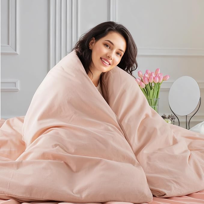 NEXHOME PRO Duvet Cover Set Queen Size Linen Feel Textured Organic Natural 100% Washed Cotton Duvet Cover 3 Pieces Bedding Set with Zipper Closure, Breathable Dusty Pink (No Comforter)