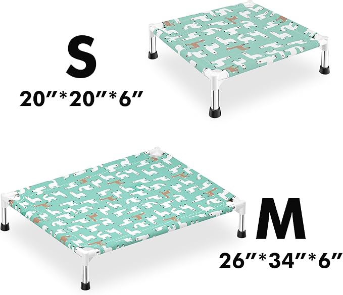 Cute Alpaca Print Elevated Dog Bed - Portable Cooling Pet Cot for Small Dogs - Breathable Thickened Fabric Hammock, Crate Compatible, Indoor & Outdoor Use