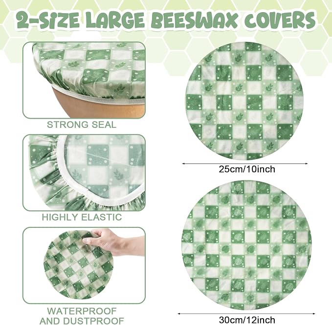 2-Pack Reusable Beeswax Bowl Covers with Green Leaf Pattern, 10/12 Inch Elastic Cotton Food Storage Covers for Bread Proofing, Sourdough Dough & Kitchen Containers