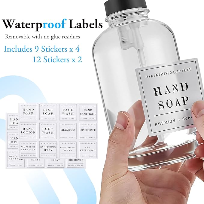 Glass Soap Dispenser with Pump,Tray,Funnel, Countertop Soap and Lotion Dispenser Set of 2, Dish and Hand Soap Dispenser Bottle for Kitchen,Bathroom,Shower, with 60 Stickers, 500ml/16.9oz