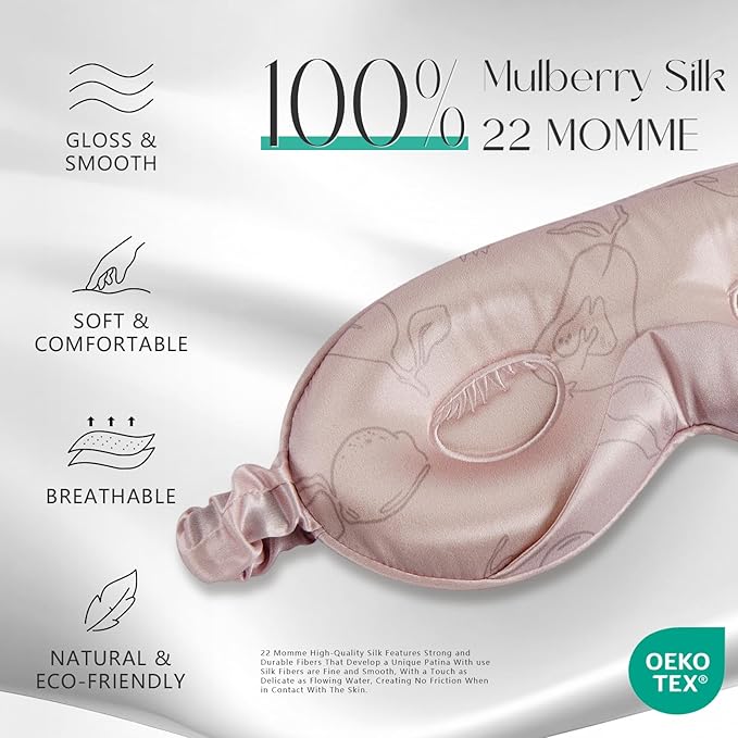 ZIMASILK Adjustable 22 Momme 100% Mulberry Silk Sleep Mask, Upgraded 3D Contoured Cup Eye Mask for Sleeping, Super Soft & Breathable Blindfold, Blackout for Deep Sleeping (Pink - Fruit Line Art)