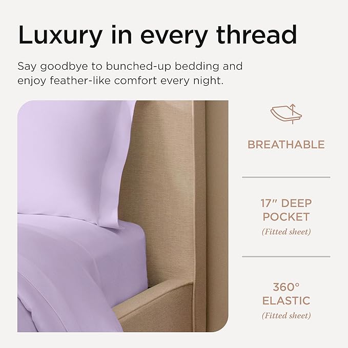 Threadmill California King Sheets, Certified American Supima Cotton Sheets, 1000 Thread Count Hotel Quality, 4 Piece Luxury Bed Sheets Set with Elasticized Extra Deep Pocket, Lilac