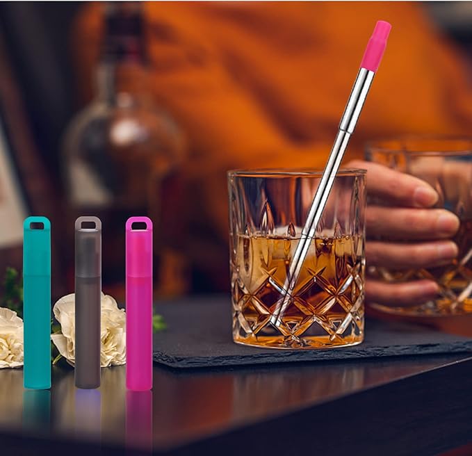 NAIVELY-Metal Reusable Straws, 2 Pack Collapsible Portable Stainless Steel Straws, with Plastic Housing Silicone Tips and Cleaning Brush, Retractable Portable Pocket Drinking Straws