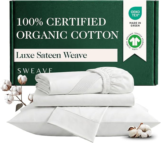 100% Certified Organic Sateen Weave Cotton Sheets Twin Size, 3 Pcs, White | Luxurious 415 Thread Count, Oeko-Tex Certified, Sateen w/ Hemstitch, 16" Deep Pockets, 360 Double-Elastic & 4 Corner Straps
