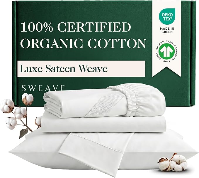 100% Certified Organic Sateen Weave Cotton Sheets Full Size, 4 Pcs, White | Luxurious 415 Thread Count, Oeko-Tex Certified, Sateen w/ Hemstitch, 16" Deep Pockets, 360 Double-Elastic & 4 Corner Straps