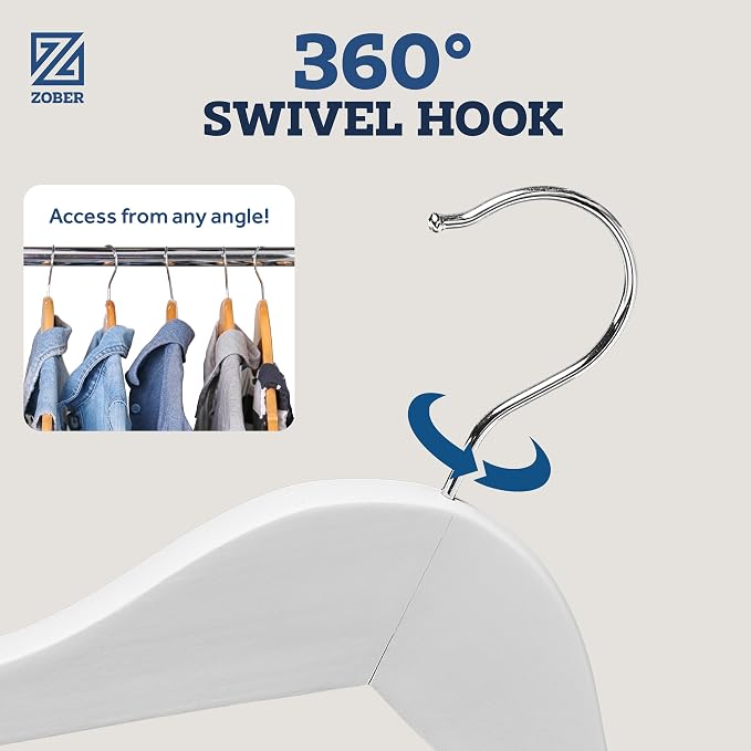 ZOBER White Wooden Hangers - Heavy Duty, Non Slip Wood Hangers for Coats, Jackets, Suits, & Pants - Coat Hangers for Closet W/Bar and Notches 20 Pack (White, 20 Pack)