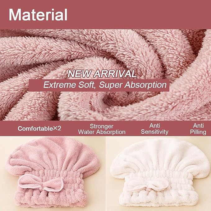 Jseng 2PC Microfiber Hair Drying Caps, Extrame Soft & Ultra Absorbent, Fast Drying Hair Turban Wrap Towels Thick Fluffy Shower Cap for Women